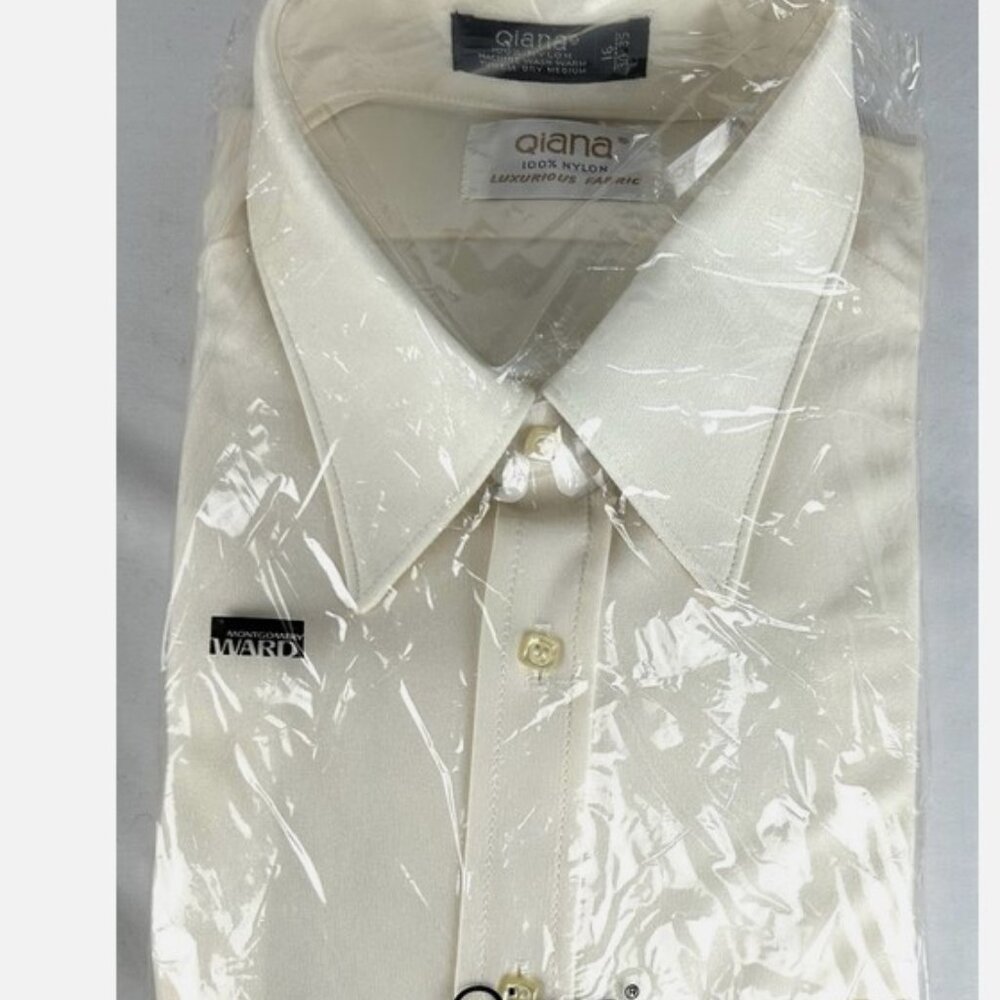 NEW Vtg Qiana Du Pont Ivory Texturized Nylon Shirt Mens 16 L 34-35 Shiny Disco